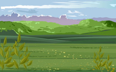 Fototapeta na wymiar Pastoral scenery of green field with tea leaves on foreground. Mountains and cloudy sky. Vector