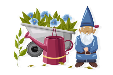 Blue Dwarf with watering can and wheelbarrow full of flowers. Gardening idea vector