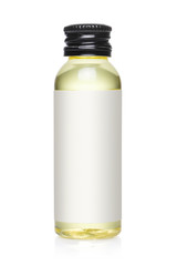Small bottle containing yellow liquid, isolated on white background