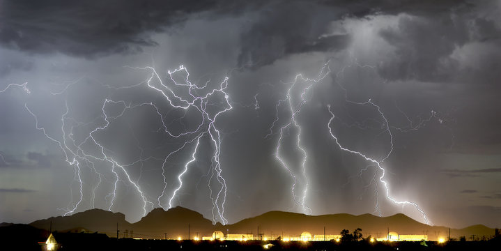 Lightning striking Saddleback Mountain just west of Tonopah, Arizona