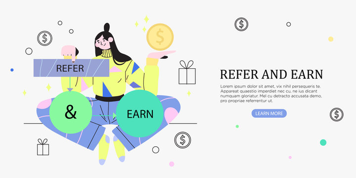 Vector illustration of a sitting girl with referral marketing scheme or infographics. Refer a friend, refer and earn concept or referral marketing strategy banner, landing page, ui element, flyer.