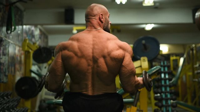 Handsome strong athletic man pumping up biceps muscles workout fitness and bodybuilding concept background - muscular bodybuilder fitness men doing arms exercises in gym naked torso