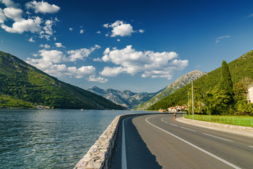 Sunset view of Kotor bay near Tivat, Montenegro.