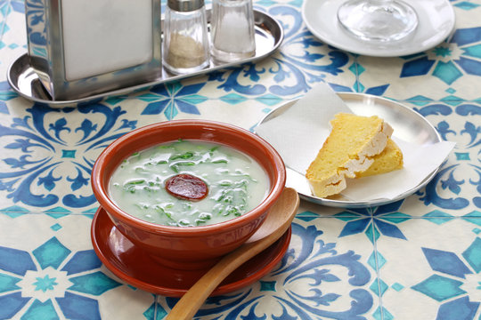 caldo verde (kale soup)  &  broa (corn bread), traditional portuguese cuisine