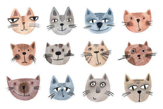 Set of muzzles of cats drawn by hand. Animal cartoon pattern for wrapping paper, textiles, posters, scrapbooking. Funny children's illustration.