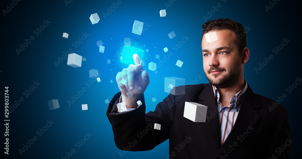 Poster Man touching hologram screen displaying cube symbols