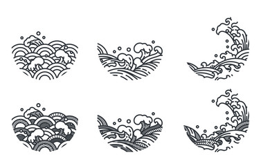 Oriental ocean wave line art vector illustration traditional style.