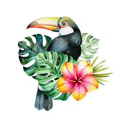 Toucan bird surrounded by tropical leaves. Watercolor illustration. © iakovetssvetlana