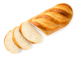 Loaf of bread cut into pieces on a white. The view of the top.