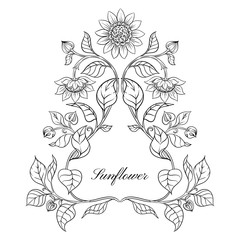 Sunflower. Set of elements for design Vector illustration. Outline hand drawing in art nouveau style, vintage, old, retro style.