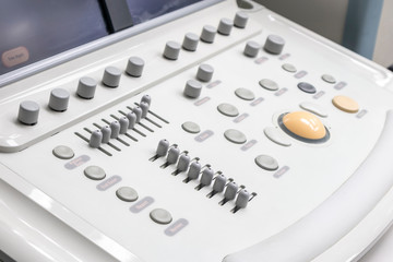 close up control panel of the ultrasound machine in hospital.