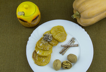 Pancakes with pumpkin, walnuts and honey