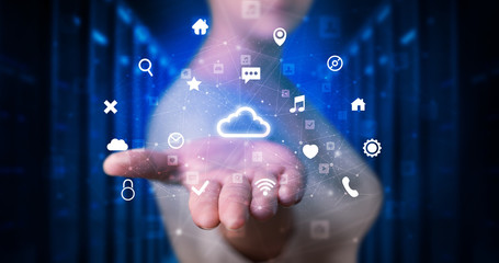 Person holding hologram screen displaying information from cloud technology