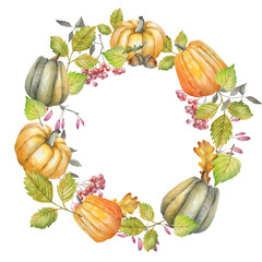 Wreath of leaves and fruits, watercolor.