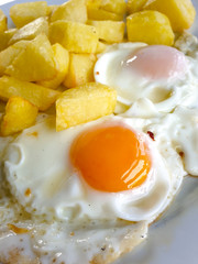 Zenith view of a typical Spanish homemade food, based on grilled eggs and fried potatoes in olive oil.