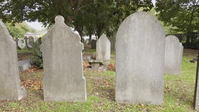 Old grave stones in a cemetery, with autumn foliage overgrowth. Camera pans slowly over blank headstones and a cross