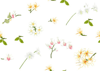 Seamless pattern, background with tropical plants, flowers. Colored vector illustration. Isolated on white background.