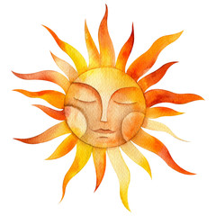 Sun with faces, watercolor