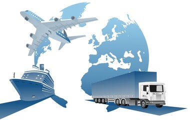 Global logistics network  3d vector illustration Set of air cargo trucking,   delivery service concept