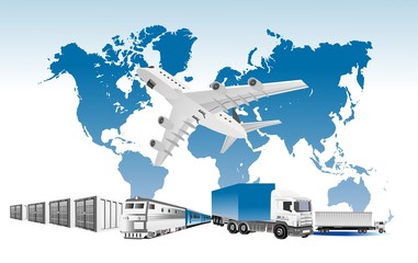 Fototapeta na wymiar Global logistics network 3d vector illustration Set of air cargo trucking, delivery service concept