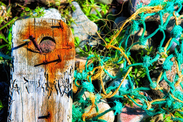 Wrecked lobster creel on the shore after a storm - obrazy, fototapety, plakaty