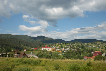 Panoramic View of  Carpathian Mountains  in Summer Sunny Day. Bukovel, Ukraine