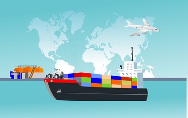 Logistics and transportation of Container Cargo ship, heavy trucks and sea port with working crane in shipyard , logistic import export and transport concept vector