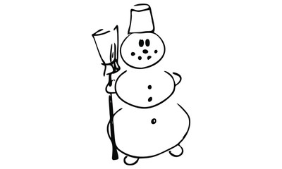 snowman with a broom drawn by hand. traditional Christmas vector illustration. use this cute picture as a seasonal design on stickers, greeting cards, prints, patterns. happy hollydays