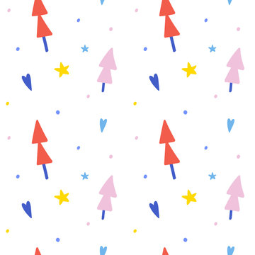 Seamless abstract pattern with fir trees. Cute winter hand drawn cartoon illustration with simple doodle elements and decorations, vector backdrop. Good as fabic print for babies or wrapping paper.