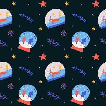 Seamless pattern with christmas glass balls with fir trees. Cute winter hand drawn cartoon illustration with doodle elements and decorations, vector background. Good as graphic print or wrapping paper