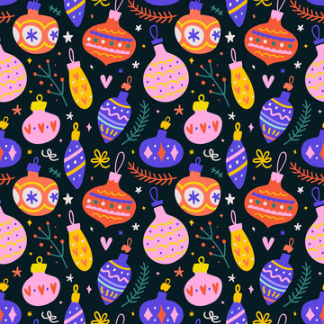 Christmas seamless pattern background with vintage christmas ball ornaments for christmas tree, festive decoration, hand drawn cute doodle background. Good for wrapping paper gift card or fabric print