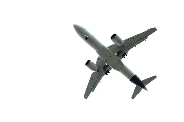 Passenger plane with landing gear and white background - Stockphoto