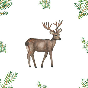 Watercolor hand painted nature winter holiday celebration seamless pattern with brown deer wild animal with horns and green fir branches isolated on the white background, trendy print for design