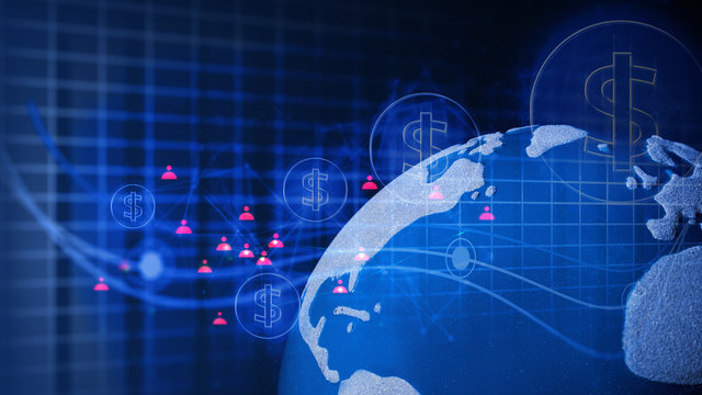 global earth map with trade money financial business network and technology concept, ai and system, bitcoin cryptocurrency, world of dollar finance