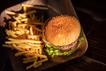 tasty hamburger and fried potatoes