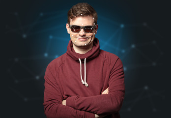 Face recognition with mesh. Cyber security concept.