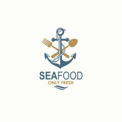seafood menu design with anchor, spoon and fork isolated