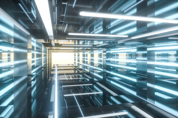 Empty room with glowing lines, 3d rendering.