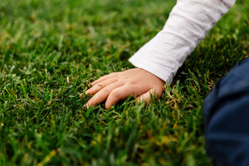 mano de ni&ntilde;o agarrando cesped en el parque