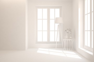 Empty room in white color. Scandinavian interior design. 3D illustration