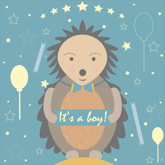 Baby Boy Birth announcement. Baby shower invitation card. Cute Hedgehog announces the arrival of a baby boy. Card Design with message. Retro