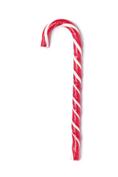 Tasty Red Candy Cane  On White Background. Festive Treat