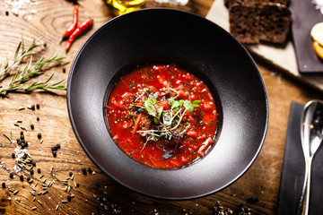 Beetroot soup served in a bowl in restaurant