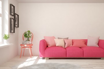 Stylish room in white color with pink sofa. Scandinavian interior design. 3D illustration