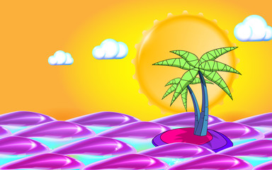 Fototapeta na wymiar Summer background with sea, sun, waves and palm tree leafs. Summer travel holidays. Vector illustration.