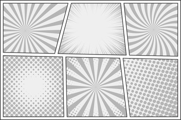 Comic book page template with different backgrounds. Pop art style