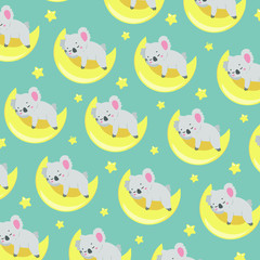 Vector pattern with kawaii cartoon koala on a yellow moon on a blue background. Cute baby koala sleeps on the moon and sees sweet dreams. Around shining yellow stars. Pattern for children's products.