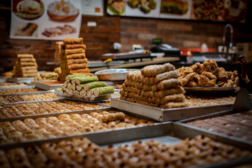 Sweet Middle East Baklava at the counter in the market