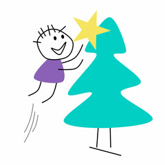 Jumping stick figure boy with star and christmas tree