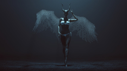 Fallen Supernatural Being Angel with Horns Walking in a Bikini Top an Bottom in a Foggy Void with Wings Formed out of Small Spheres 3d Illustration 3d render